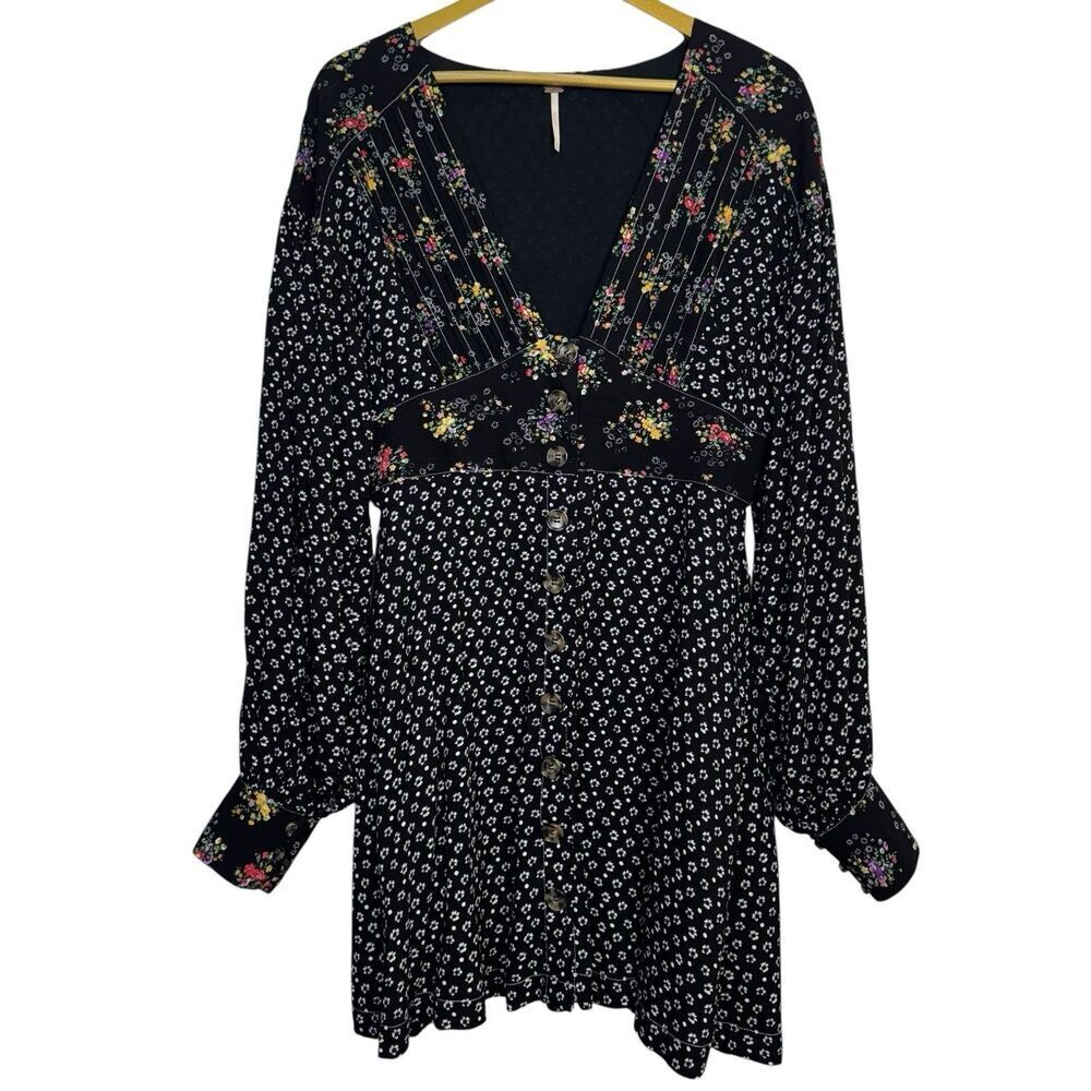 Free People Wonderland Floral Button Up Tunic Dress Size M Black Boho Cottage - Picture 4 of 10